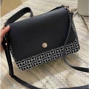 Tommy Hilfiger Navy and White Crossbody Bag with Geometric Design